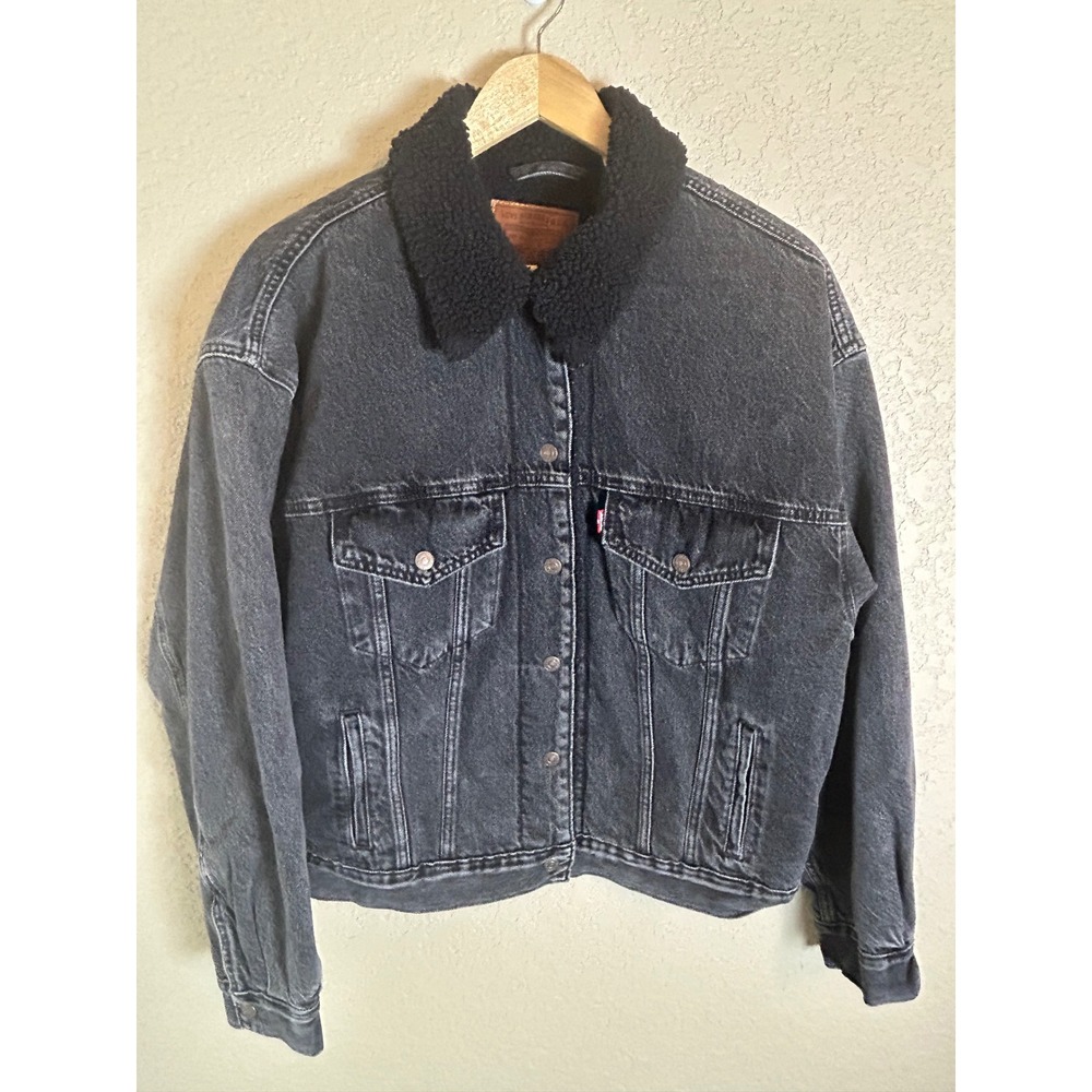 Levi's Vintage 90's Sherpa Jacket Large Black Acid Wash Faux Fur Collar Trucker